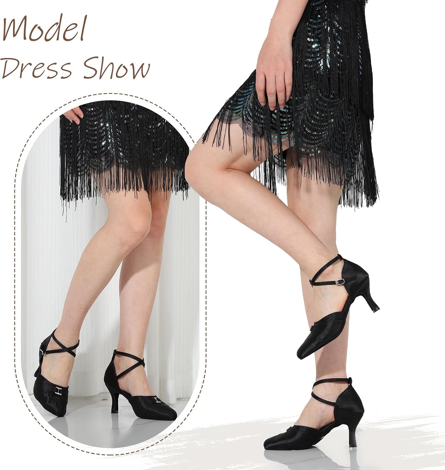 Detalle de Jywmsc Women Black Ballroom Shoes Satin Salsa Dancing Shoes – 7.5cm Heel