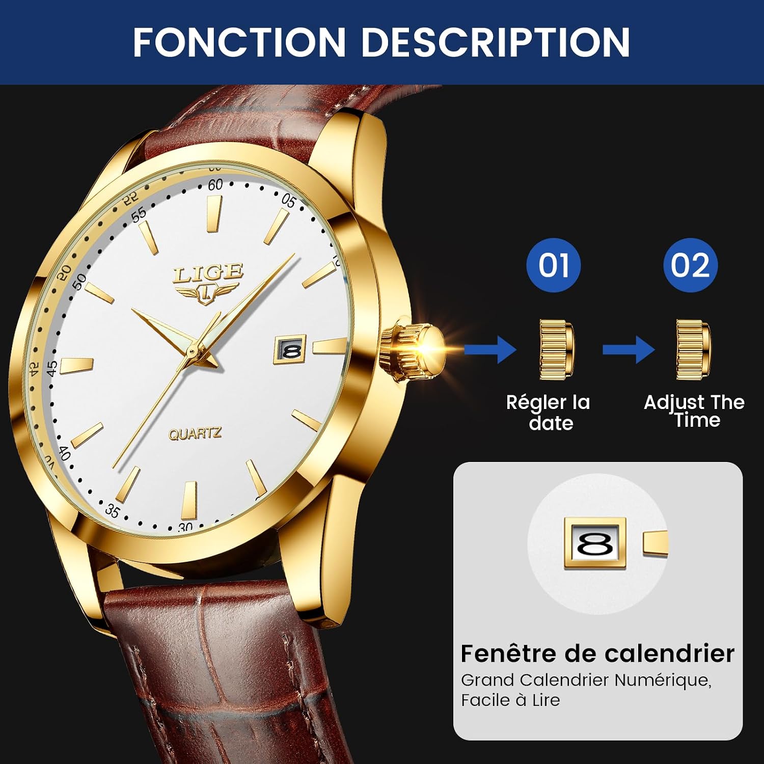 Thumbnail 3 de LIGE Montre pour hommes avec affichage date – bracelet cuir jaune-brun et boîtier acier inoxydable