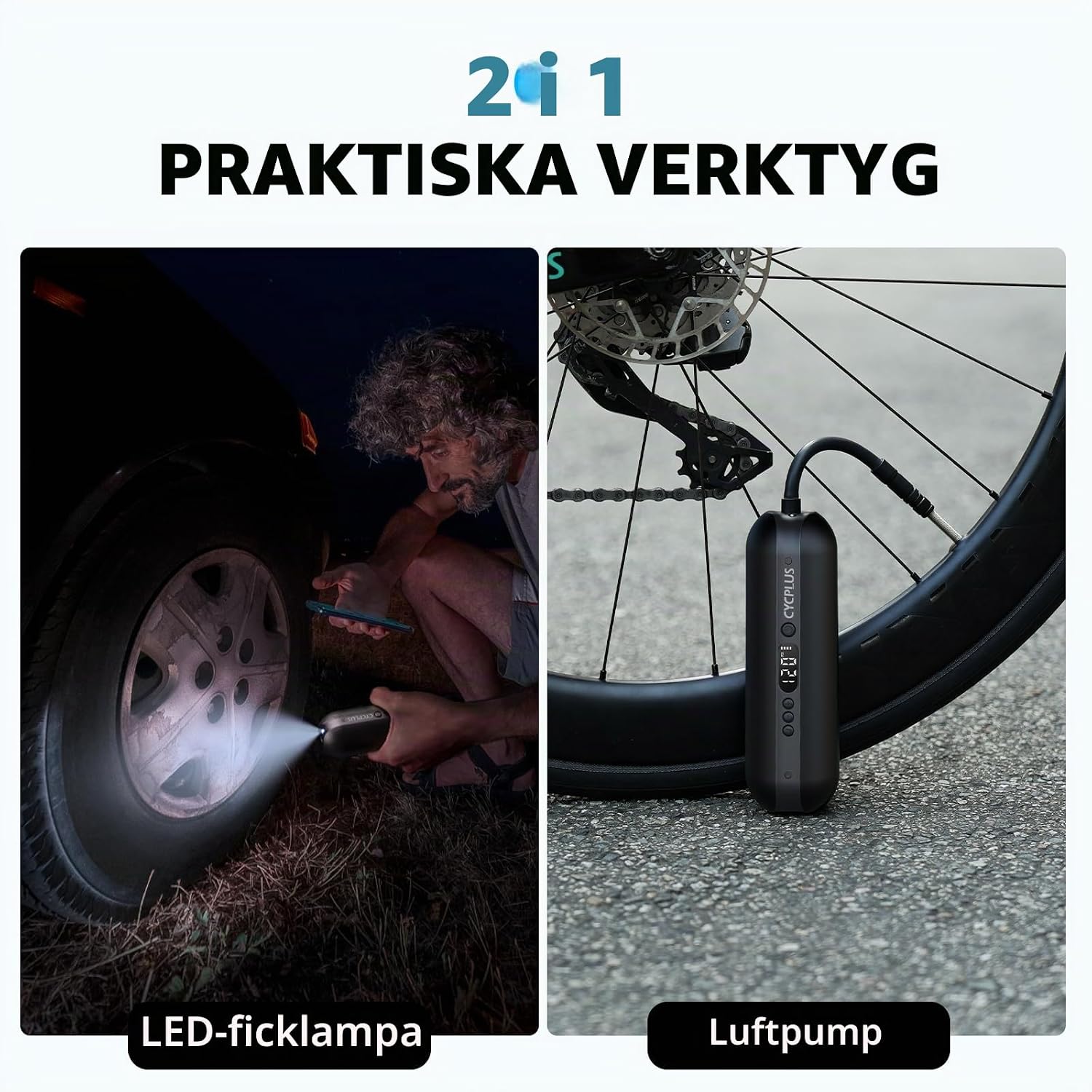 Detalle de CYCPLUS A2 elektrisk däckpump med 150 PSI, 2 600 mAh-batteri och LED-ljus
