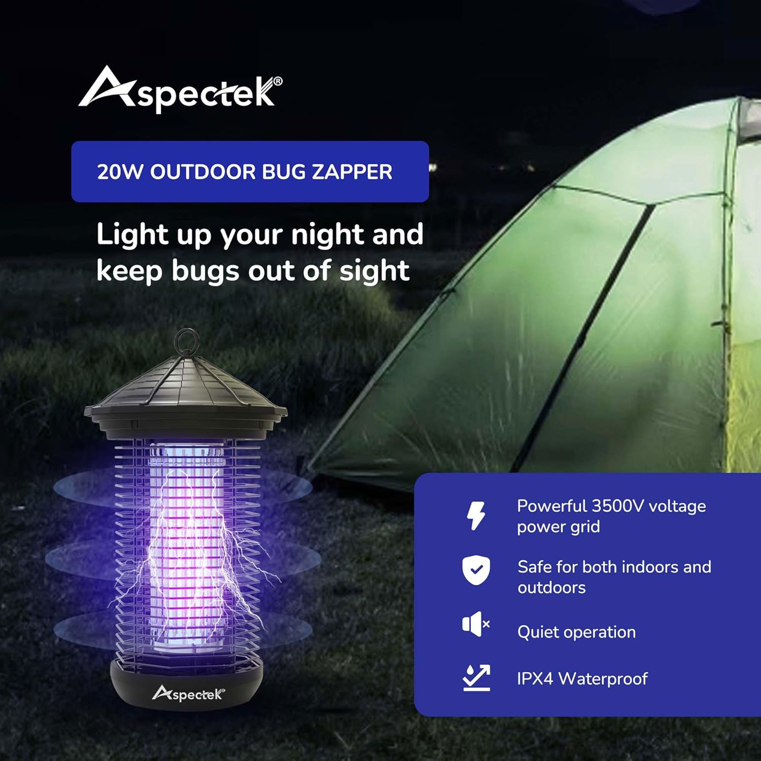 Detalle de ASPECTEK Bug Zapper 20W Electric Fly Killer (UV) – Waterproof indoor & outdoor 1000 sq. ft coverage