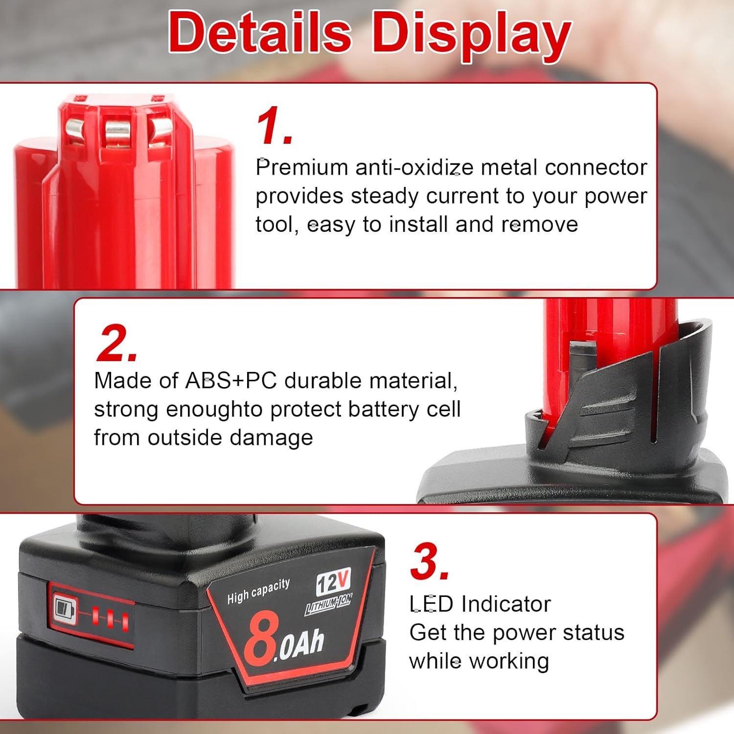 Detalle de Powarobor 2 Pack M12 12V 8.0Ah Li-Ion – Batterie de remplacement compatible Milwaukee 12V