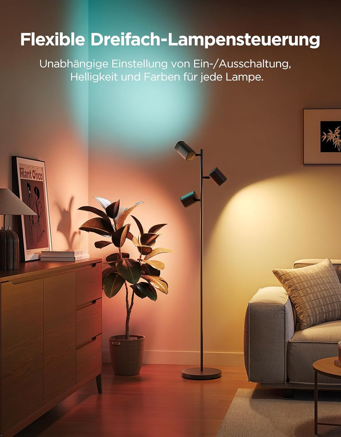 Thumbnail 1 de Govee 3-Flammen LED Stehlampe – RGBWW Fokus-Verstellbar, 1500 lm, Alexa/Matter kompatibel, 64 Szenen, Musiksync, 157 cm, Schwarz