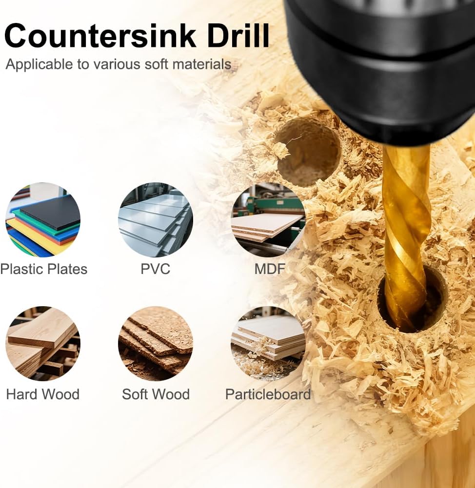 Detalle de Vicloon Countersink Drill Bit Set, 12 PCS – Precision Woodworking Kit with Titanium-Coated HSS Bits