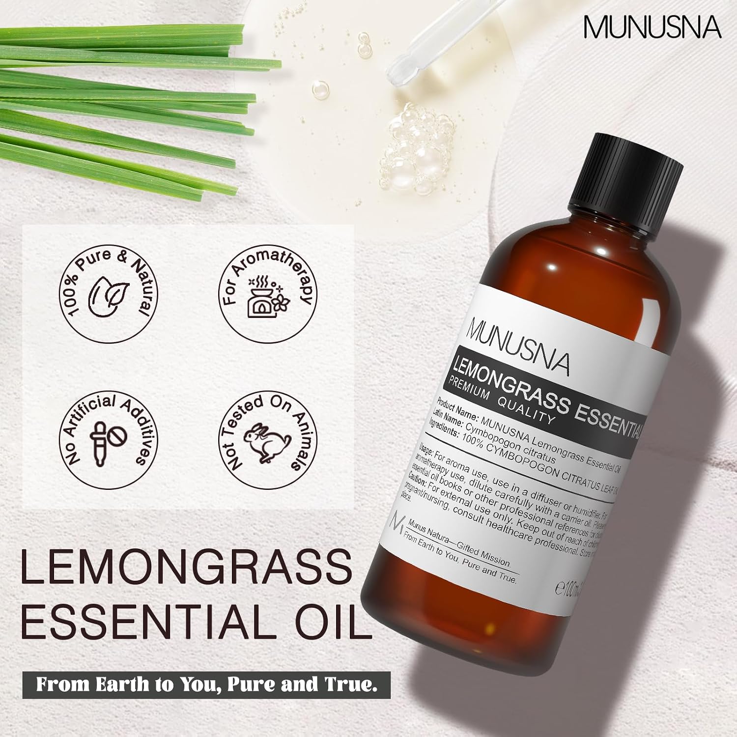 Detalle de MUNUSNA Lemongrass Essential Oil 100ml – Pure Lemongrass for Skin, Hair, Diffuser and Soap Making