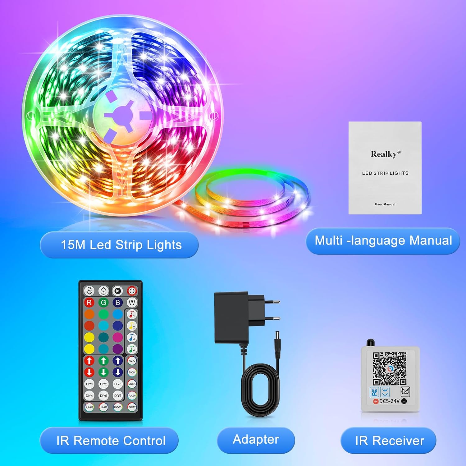 Thumbnail 6 de LED Strip LED Streifen 15 m mit Fernbedienung, App & Musik-Sync (Bluetooth, RGB, dimmbar) – selbstklebende TV-/Gaming-/Partybeleuchtung