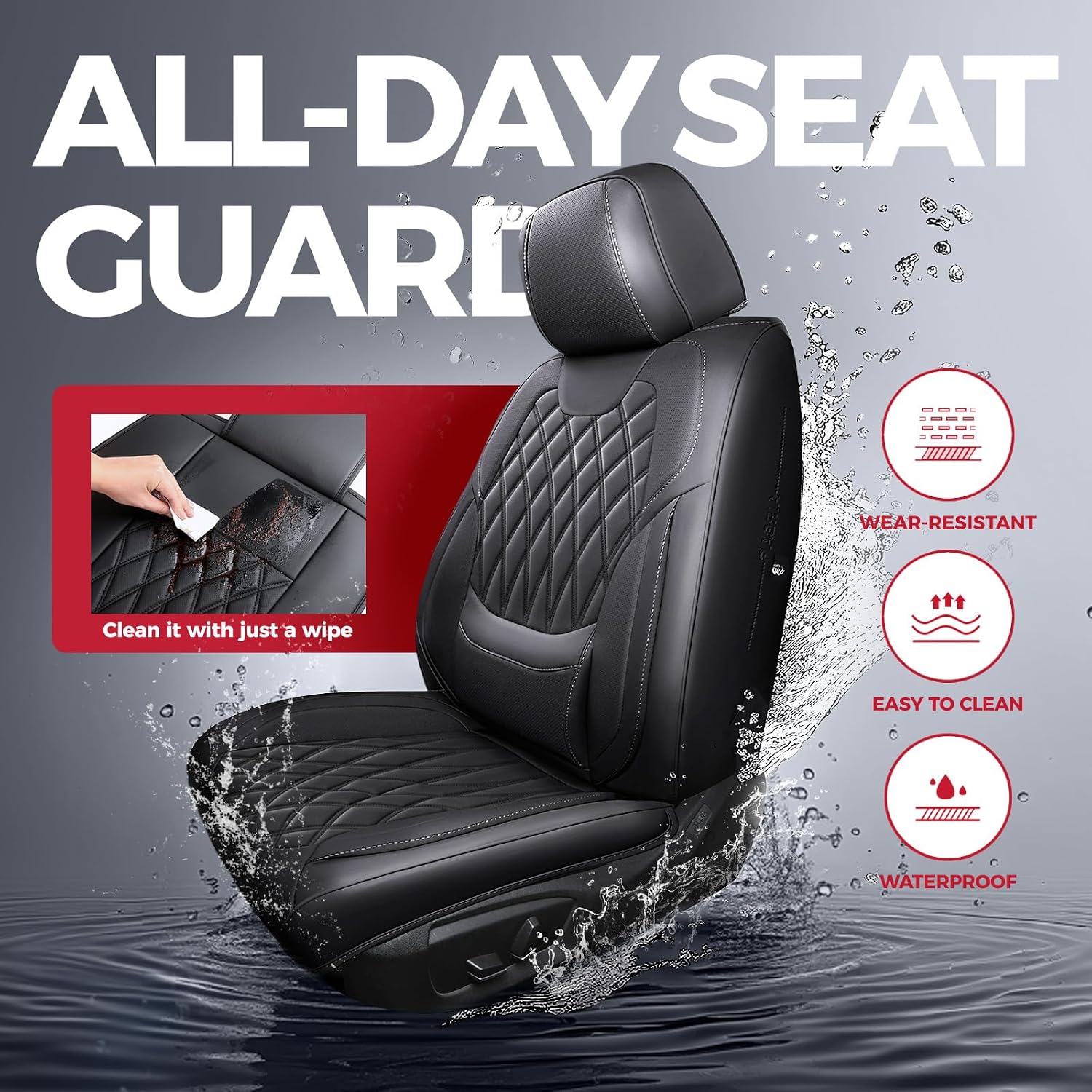 Thumbnail 4 de FREESOO Black Car Seat Covers Full Set – Faux Nappa Leather, Breathable & Waterproof with Lumbar Support