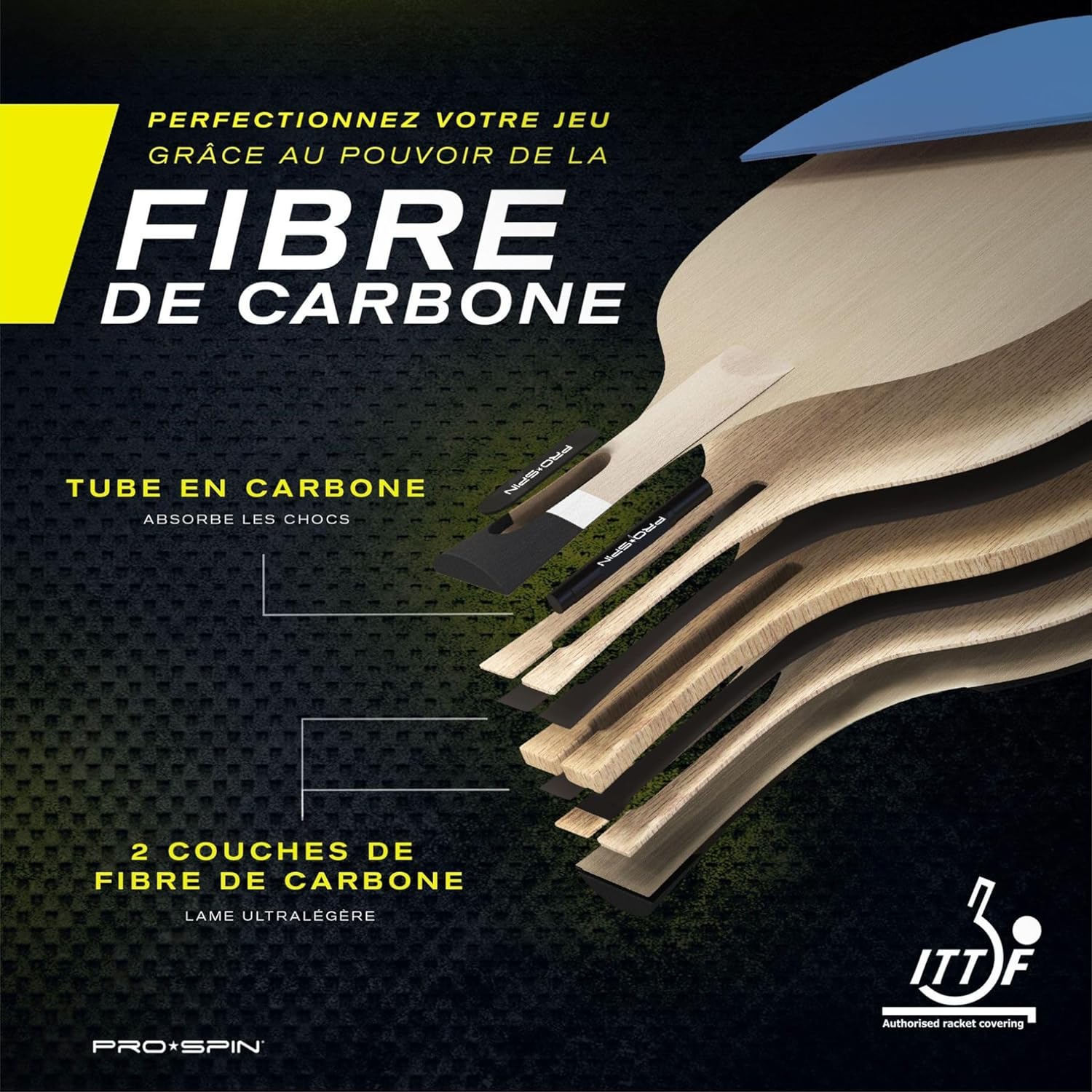 Thumbnail 3 de Raquette de ping-pong PRO-SPIN Série Elite 7 plis homologuée ITTF (fibre de carbone, mousse 2 mm, étui)