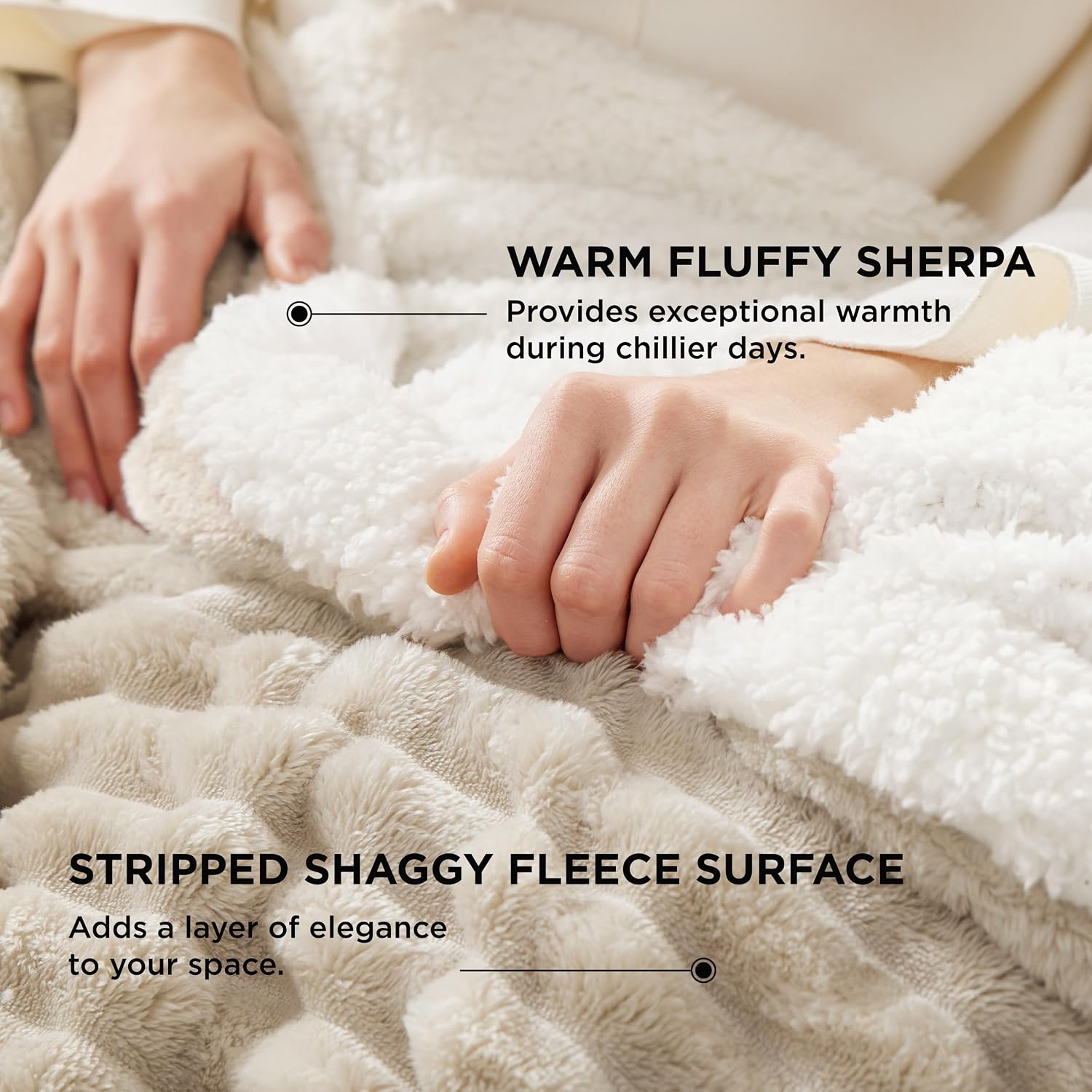 Detalle de Bedsure Corduroy Sherpa Blanket, Queen 90" x 90", Beige Polyester