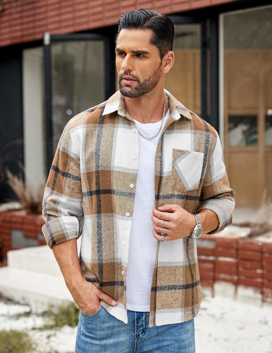 Detalle de COOFANDY Men's Lightweight Plaid Flannel Shirt Jacket, Long-Sleeve Button-Down