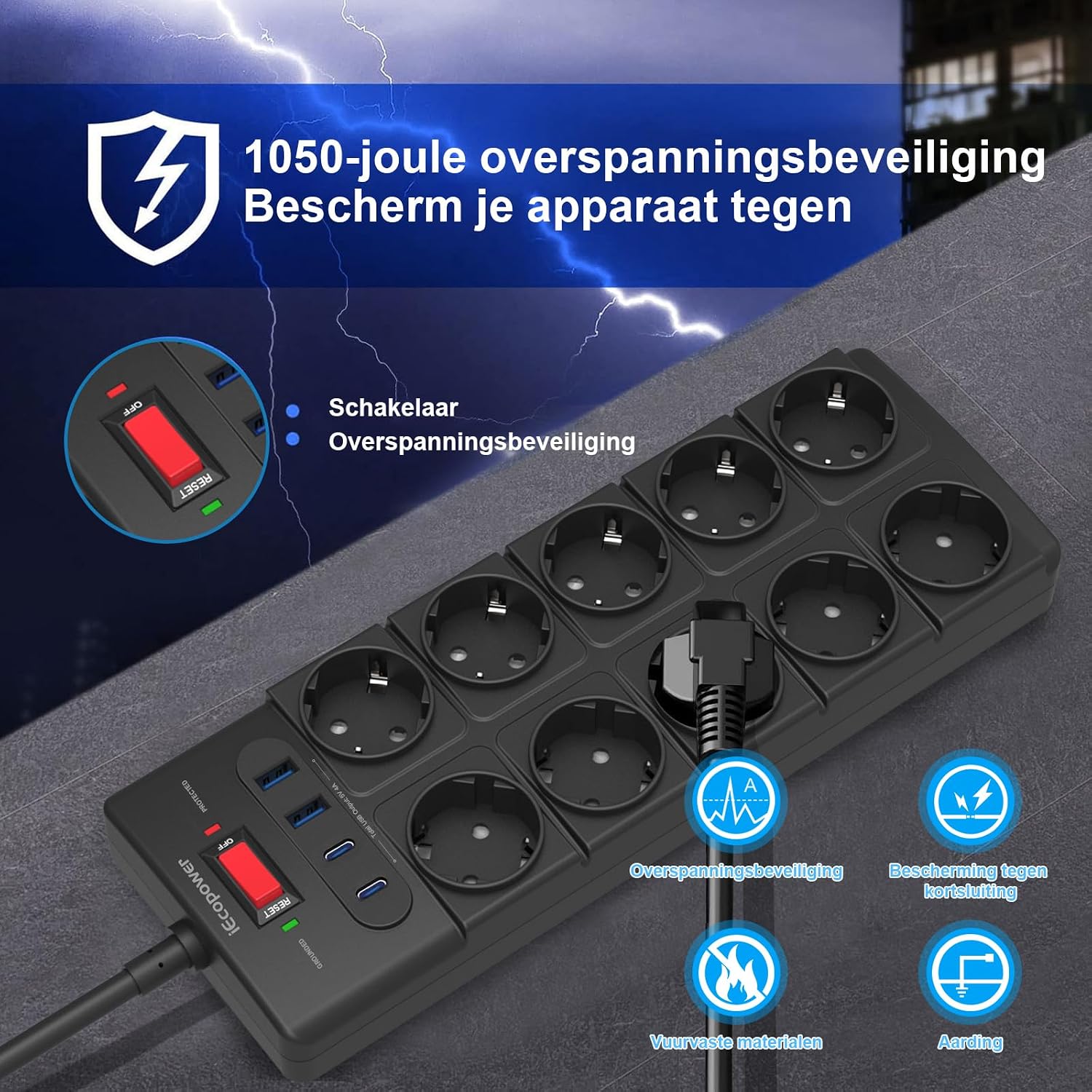Detalle 2 de IECOPOWER PT1020-5M stekkerdoos met 10 stopcontacten, USB-C PD 20 W en 5 m kabel