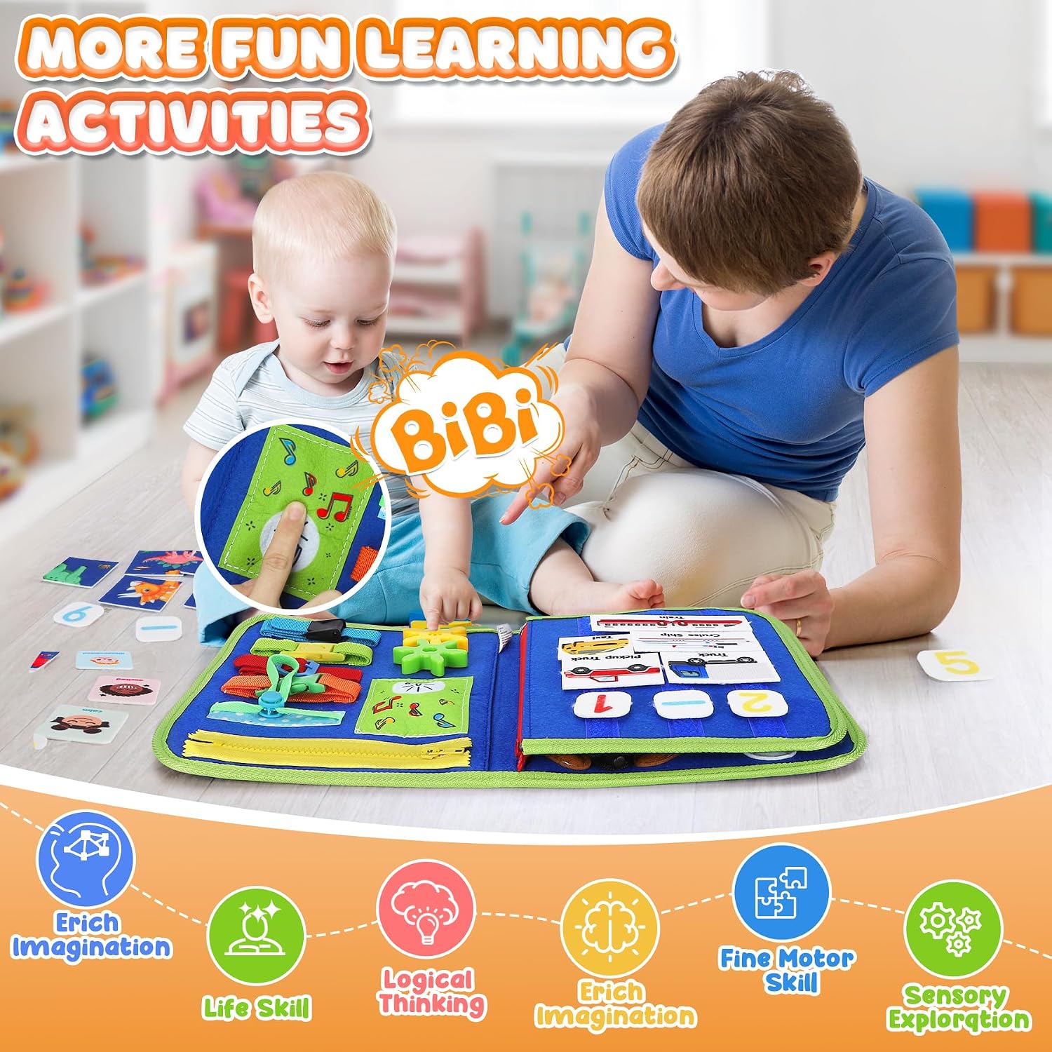 Detalle 2 de URMYWO UMMZBAL Busy Board, 6-Page Fabric Activity Book with Alphabet and Number Activities