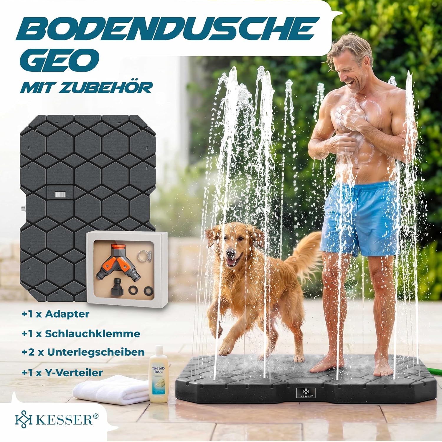 Detalle de KESSER Bodendusche Geo Gartendusche – robuste, rutschfeste Dusche für Groß & Klein im Außenbereich
