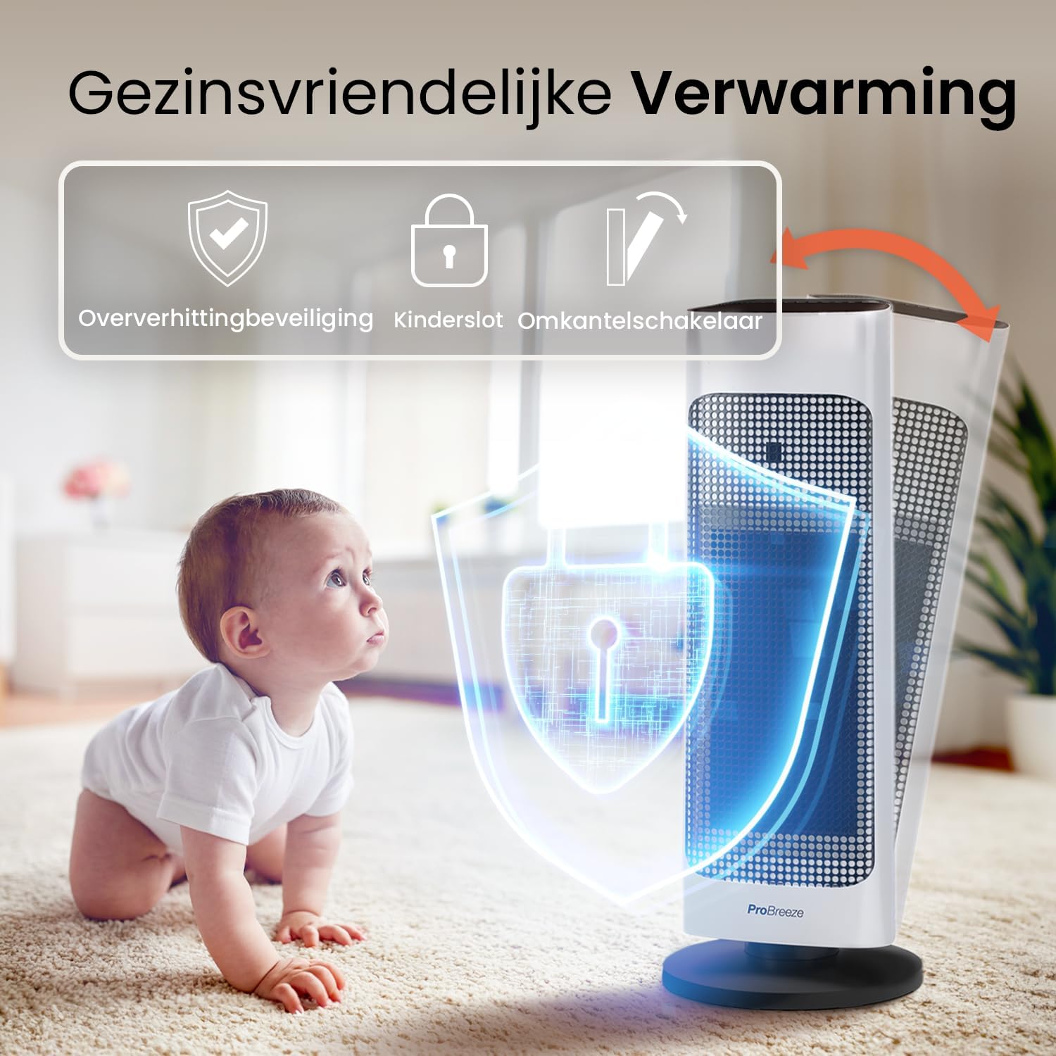 Detalle de Pro Breeze keramische torenverwarming 2000 W met display, afstandsbediening en timer