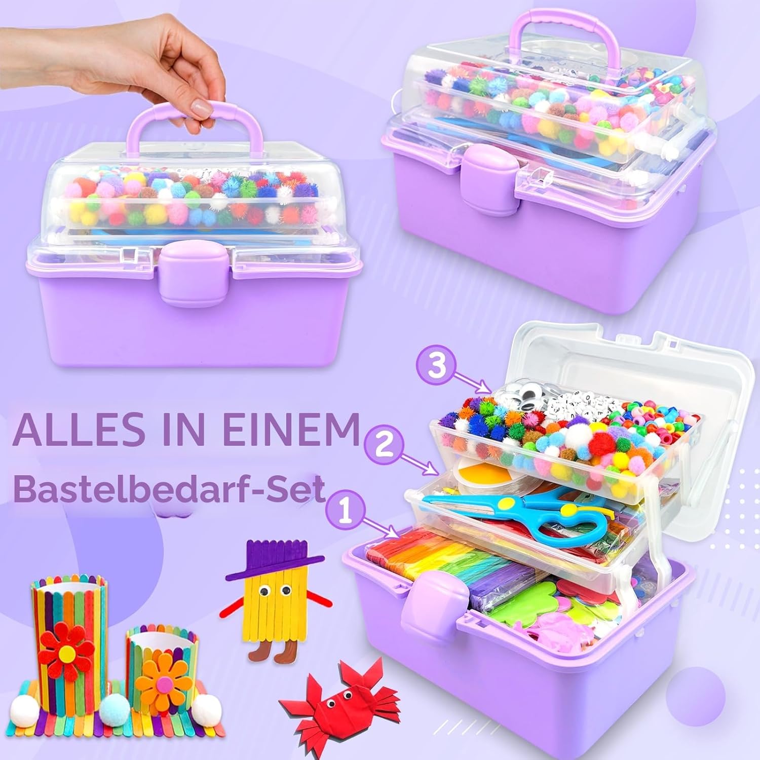 Detalle 2 de 3000‑teiliges Bastelset Kinder Bastelkoffer – inkl. Pfeifenreiniger, Papier, Perlen und mehr, Lila
