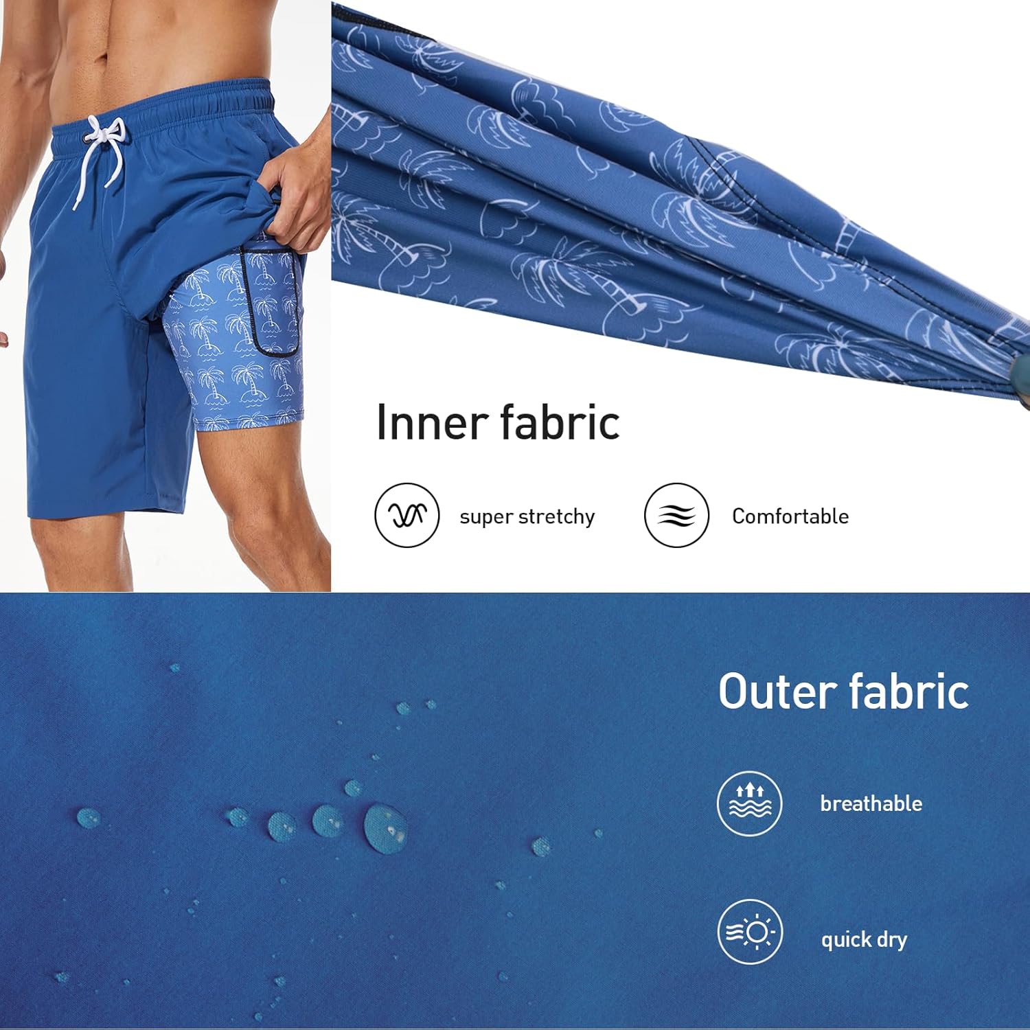 Detalle de Arcweg Men's Long Length Swim Shorts with 2-in-1 Design and Zip Pockets