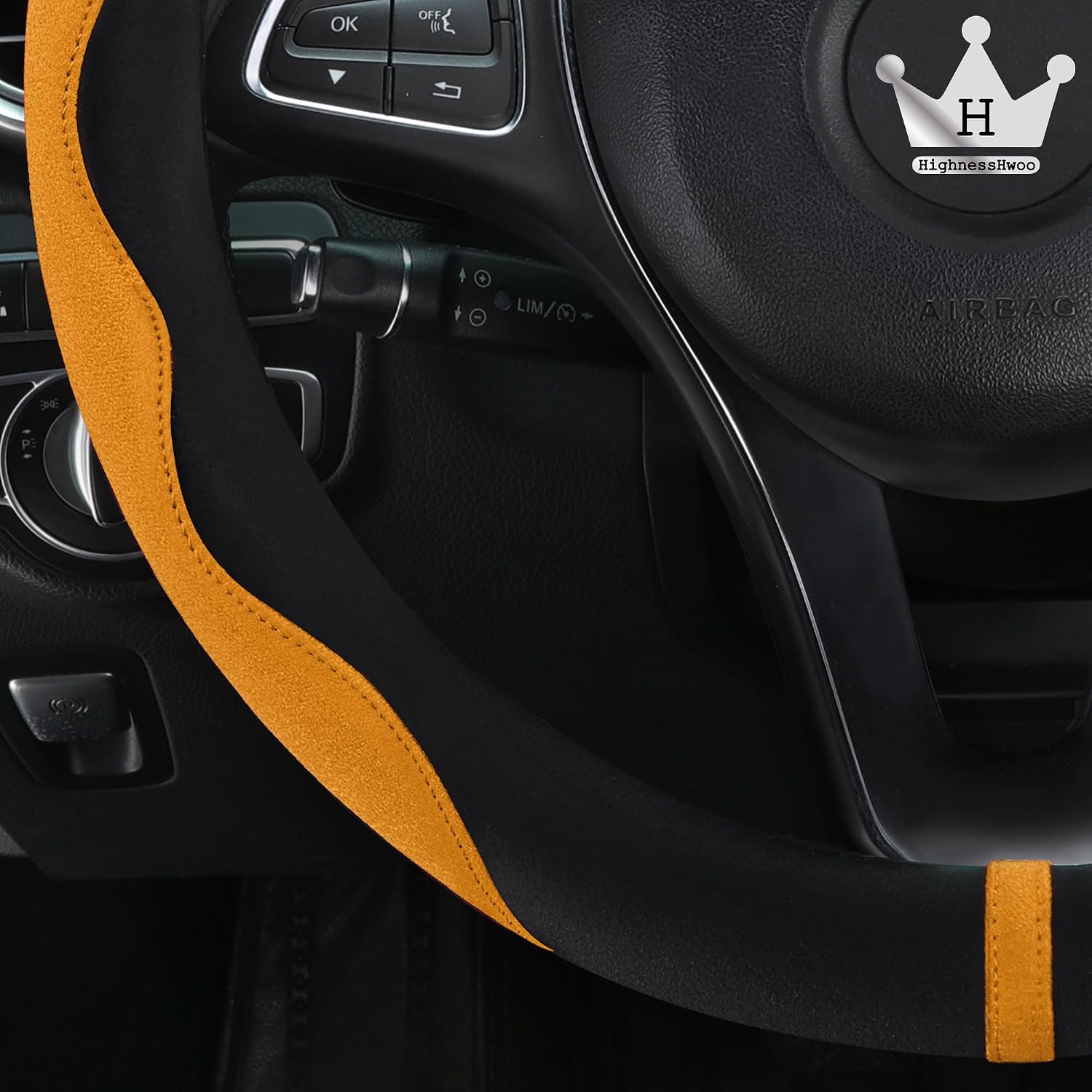 Detalle de HighnessHwoo Luxury Suede Steering Wheel Cover – Soft Leather Padded, Universal Fit (14.75–15.15in) in Orange