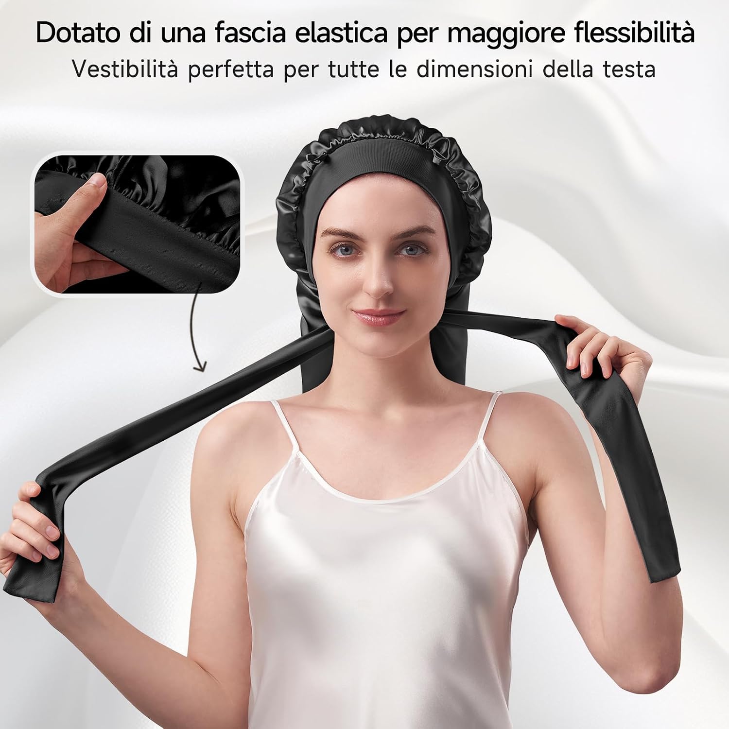 Detalle de Umisleep 22 Momme: cuffia in seta di gelso doppiamente rifinita per capelli voluminosi