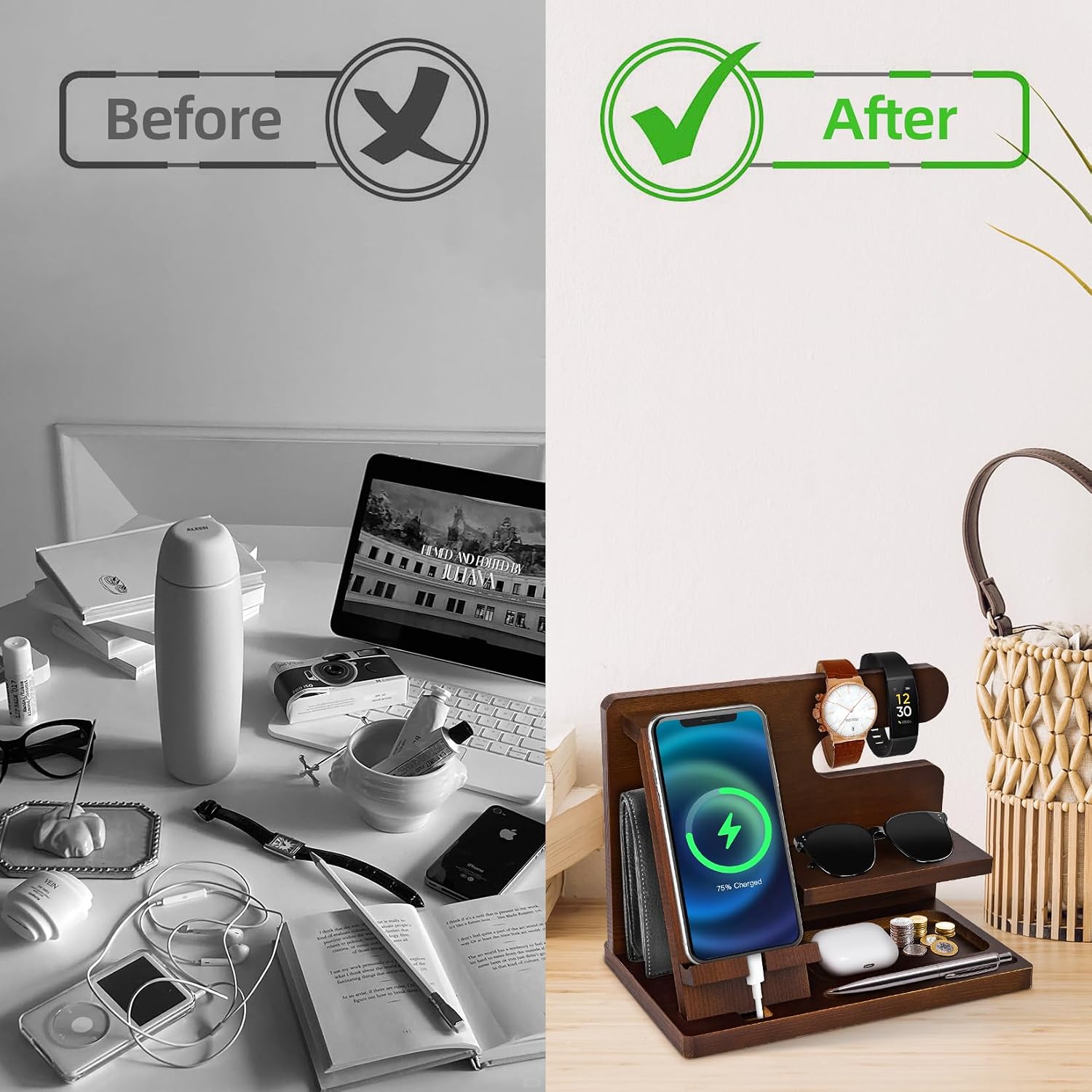 Thumbnail 5 de Hanari houten bureau-organizer met gsm-houder, 5 vakken, bruin
