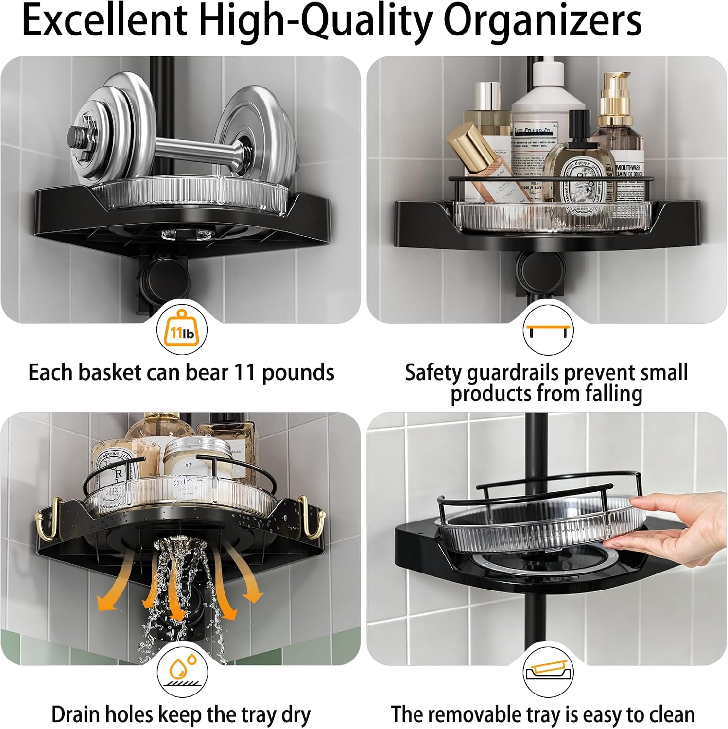 Thumbnail 4 de shuang qing 360° Rotating Corner Shower Caddy Tension Pole Organizer (4-Tier Adjustable, Black)