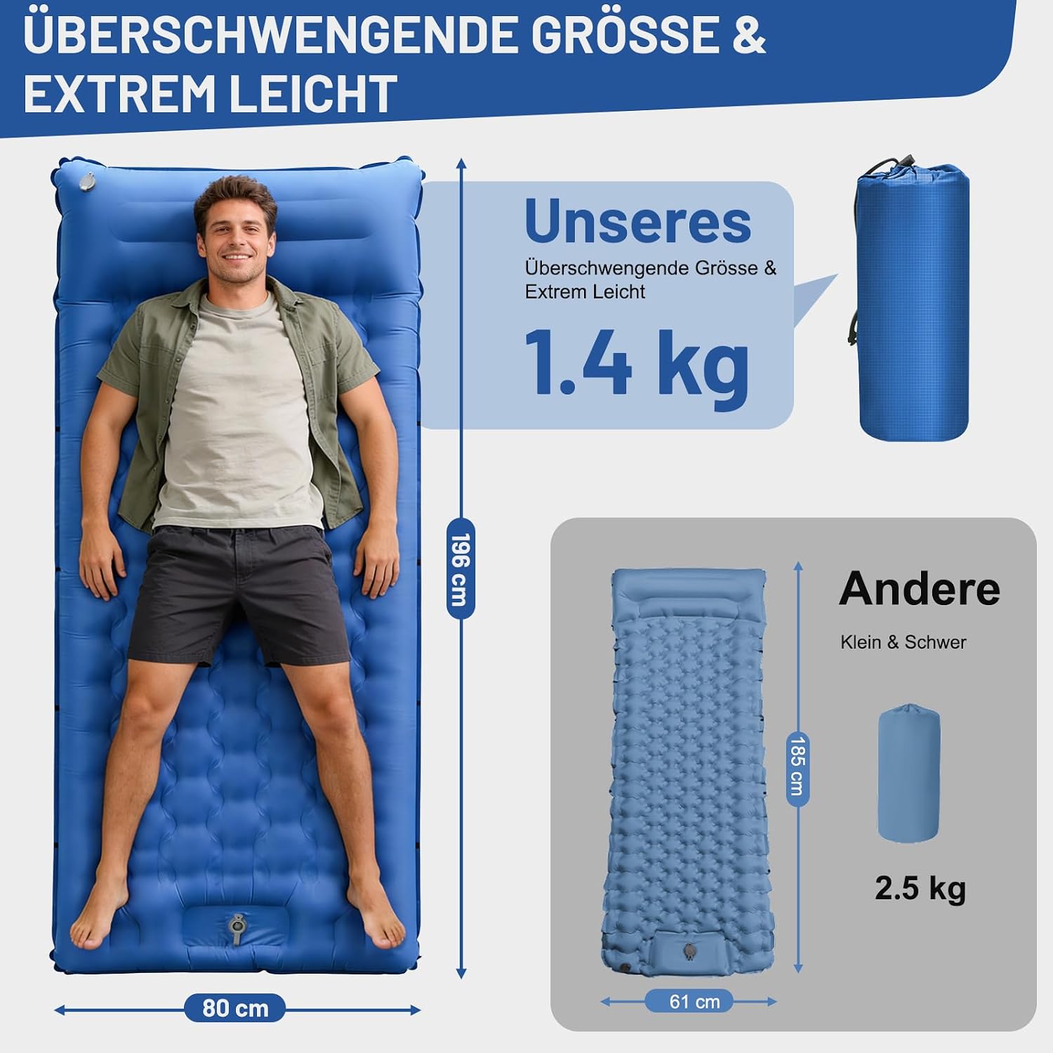 Detalle de NAPASA Isomatte Camping 16 cm – dick, wasserdicht und bequem mit integrierter Fußpumpe