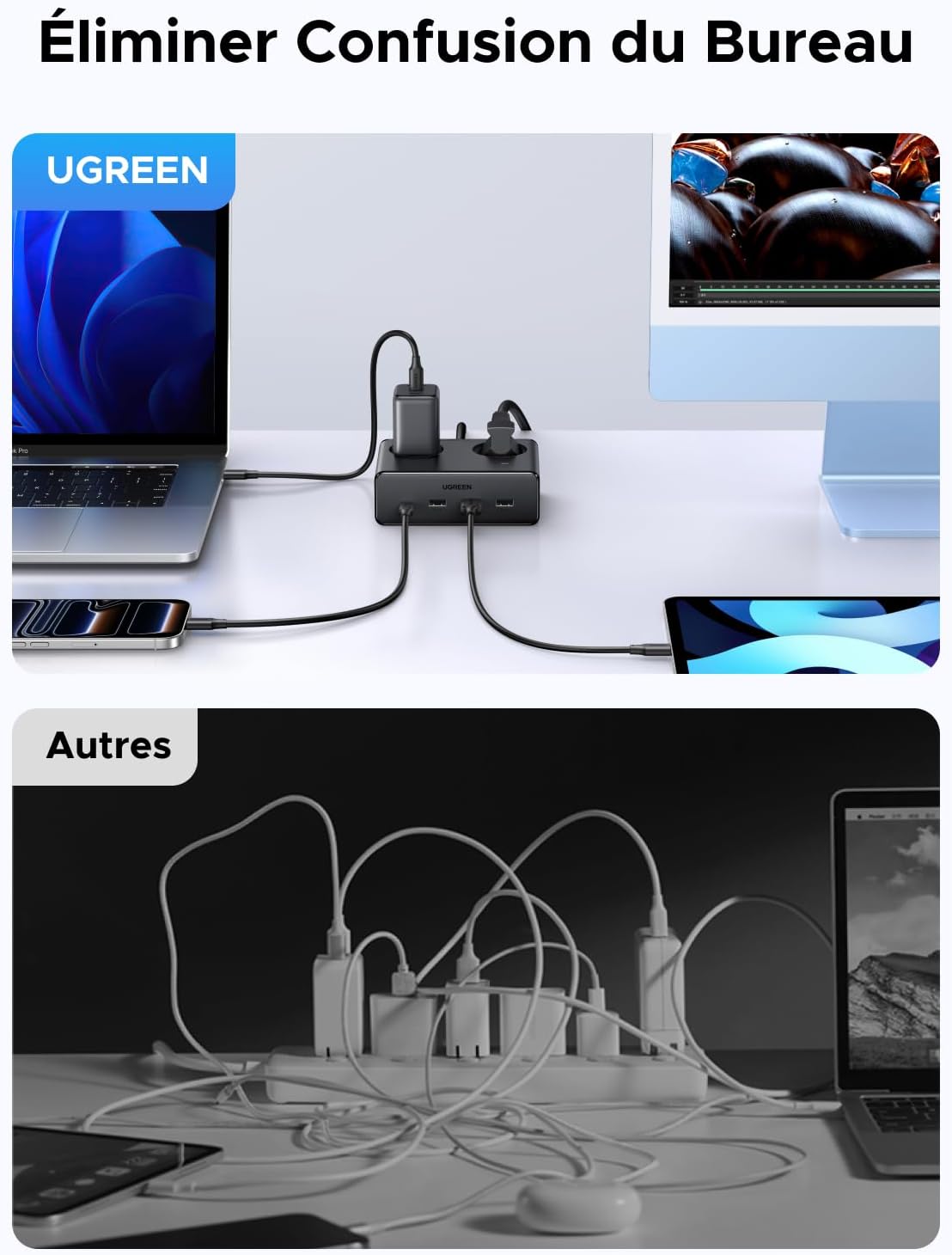 Detalle de UGREEN 45035 6-in-1 stekkerdoos, 3680 W, 2 stopcontacten en 4 USB-poorten