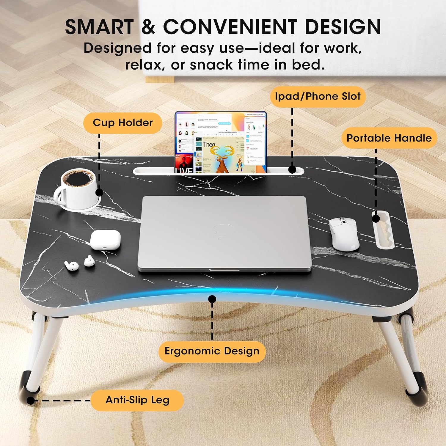 Detalle de Frpufi LD007 Folding Lap Desk, 23.6-Inch Wood Table with Cup Holder, Dark Black