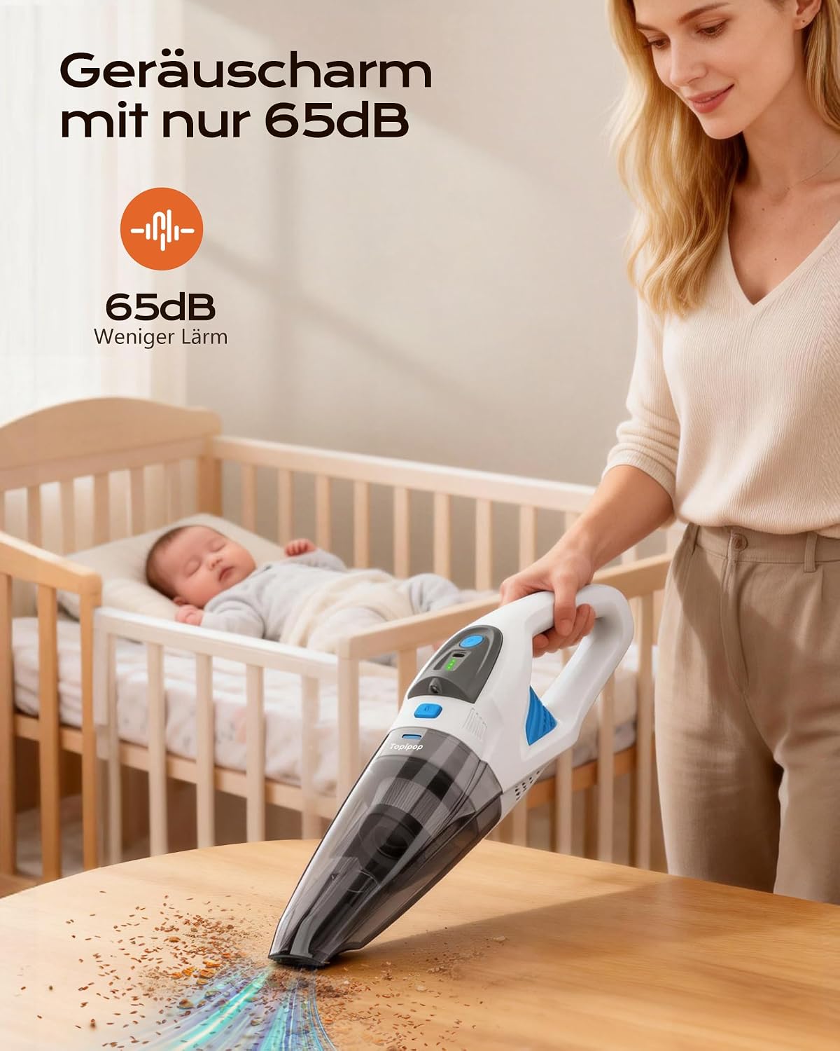 Detalle de Topipop Handstaubsauger 25000Pa – Akku mit Ladestation, 600 ml, HEPA-Filter, LED-Licht, 45 Min. Laufzeit (Weiß)