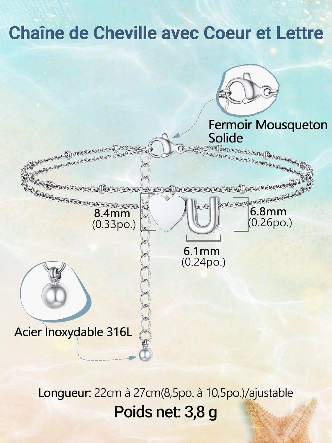 Thumbnail 2 de PROSTEEL Bracelet de cheville femme double chaîne en acier inoxydable avec charms cœur et lettre, ajustable 22+5 cm