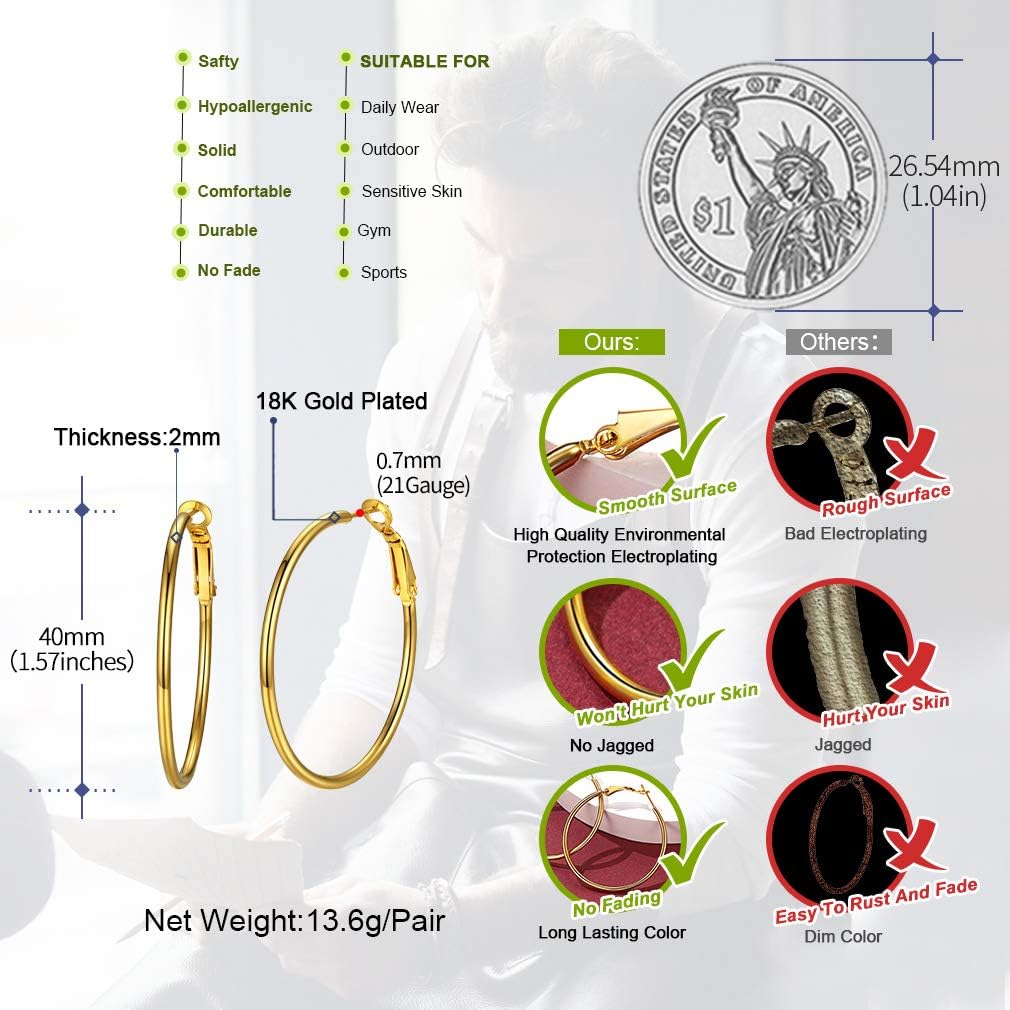 Detalle de FaithHeart Boucles d'Oreilles Créoles Inoxydables Doré 40 mm – Hypoallergéniques, 316L