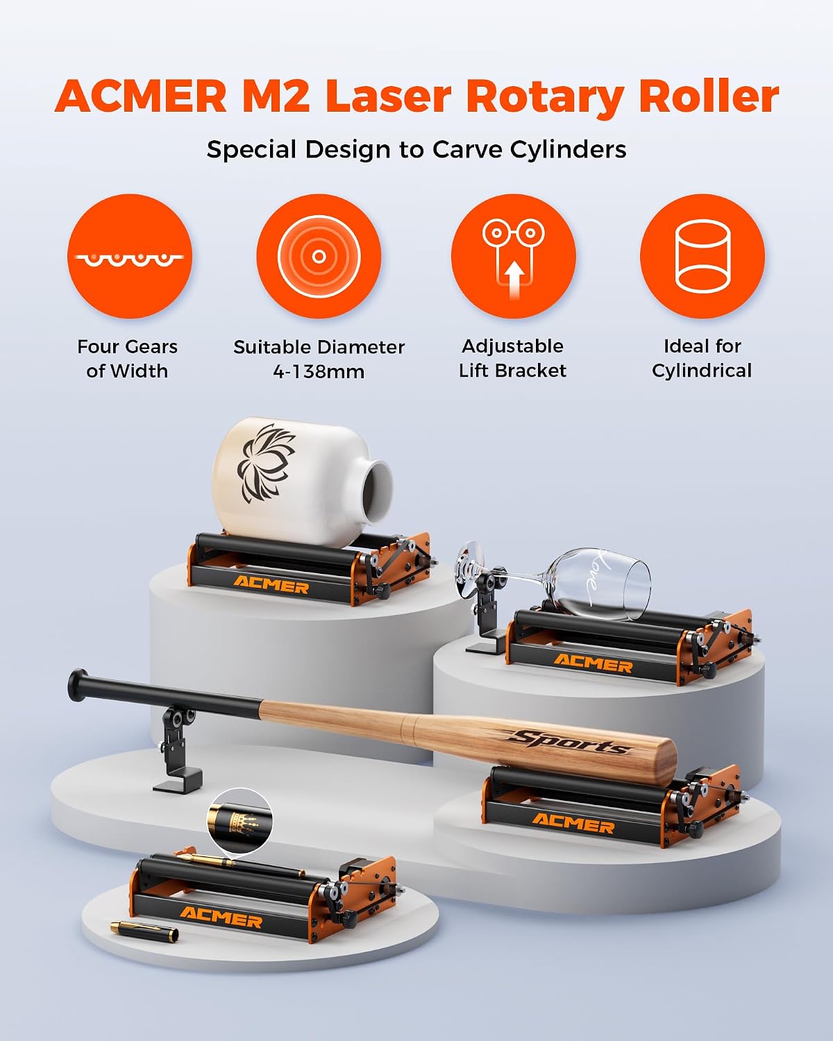 Detalle de ACMER M2 Rotary Roller for Laser Engravers: 360° Y-axis Rotary Module for Cylindrical Objects