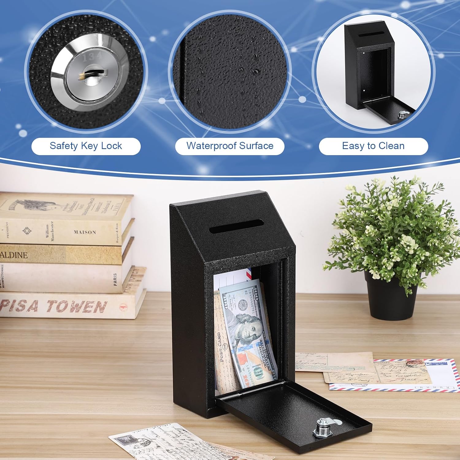 Detalle 1 de KYODOLED P0298 Metal Cash Drop Box with Lock, Slot, Wall Mount, Black