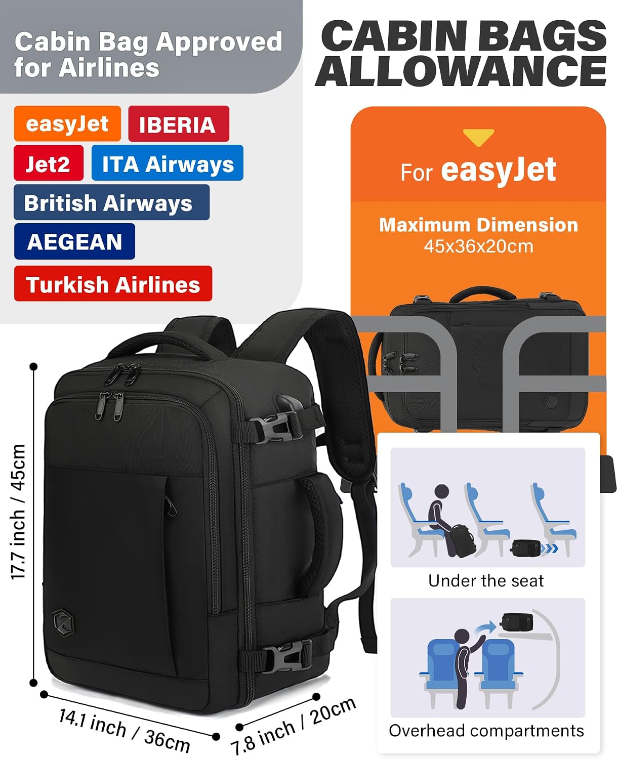 Detalle de VANKEV Easyjet Cabin Bag 45x36x20 underseat backpack