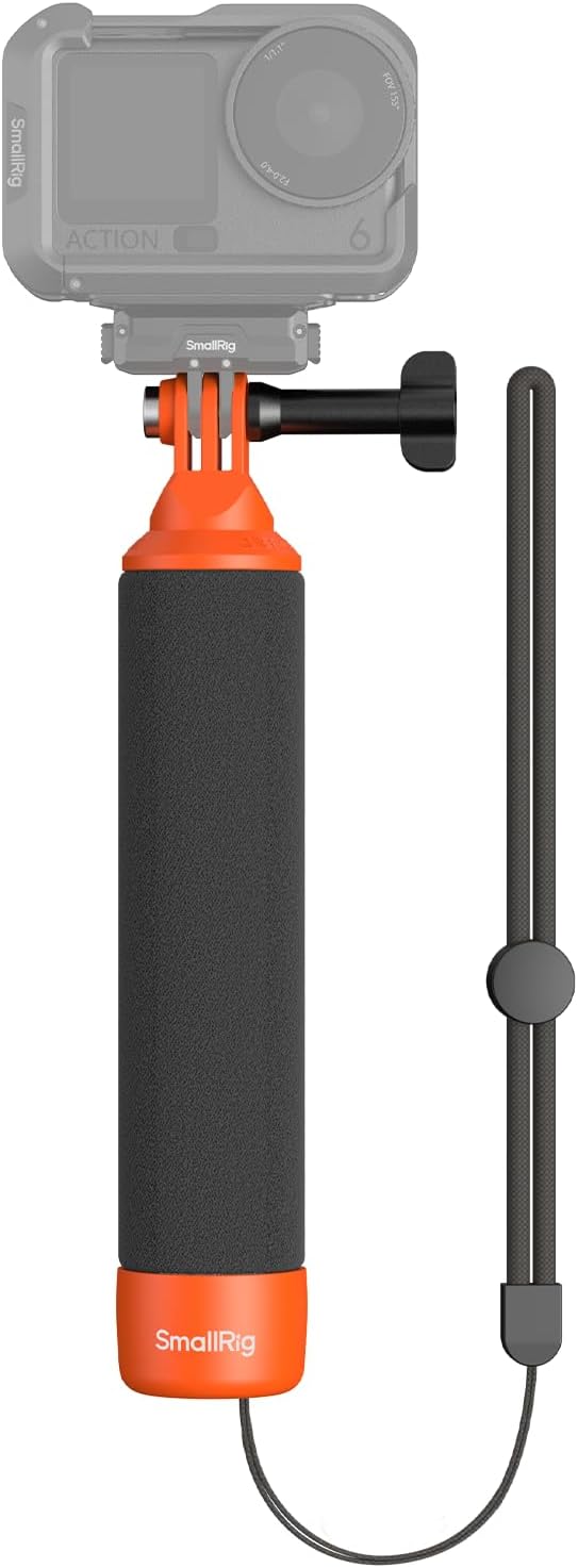 Detalle de SMALLRIG 6152 drijvende actiecamera-handgreep met polsband en oranje grip