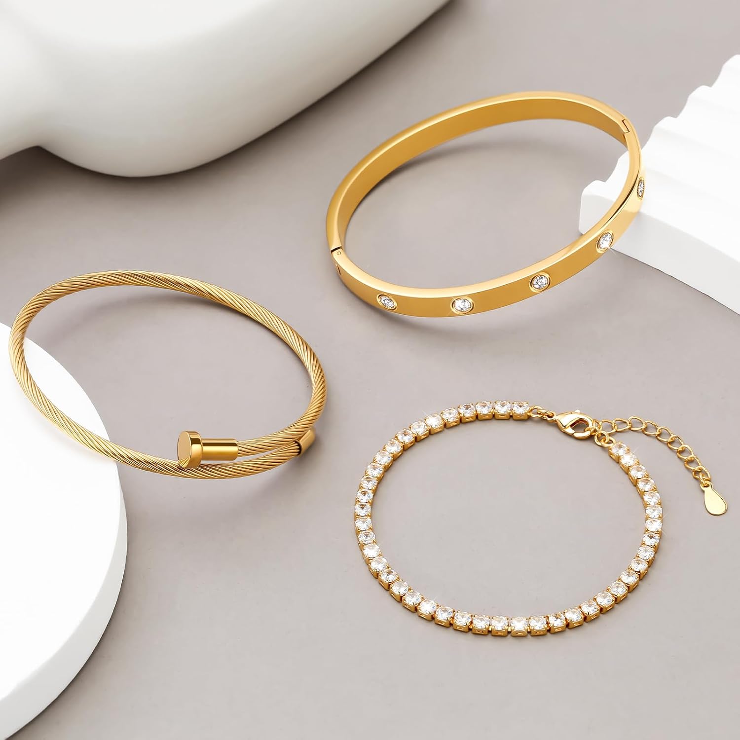 Thumbnail 4 de Ahokei Armband-Set für Damen aus Titan-Stahl / Edelstahl vergoldet, 2-teilig – gold & silberfarben, verstellbar