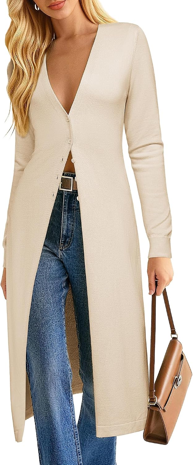 Detalle de GRACE KARIN Women's Long Lightweight Knit Cardigan, V-Neck Button-Front Duster