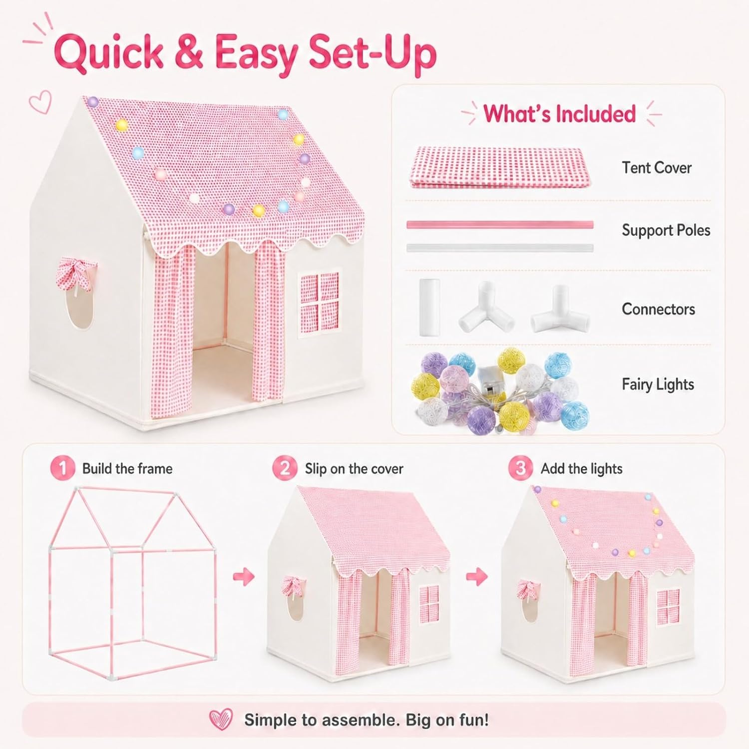 Thumbnail 6 de ALLmeter BY046 Kids Play Tent with Lights, Pink Polyester and Metal Frame