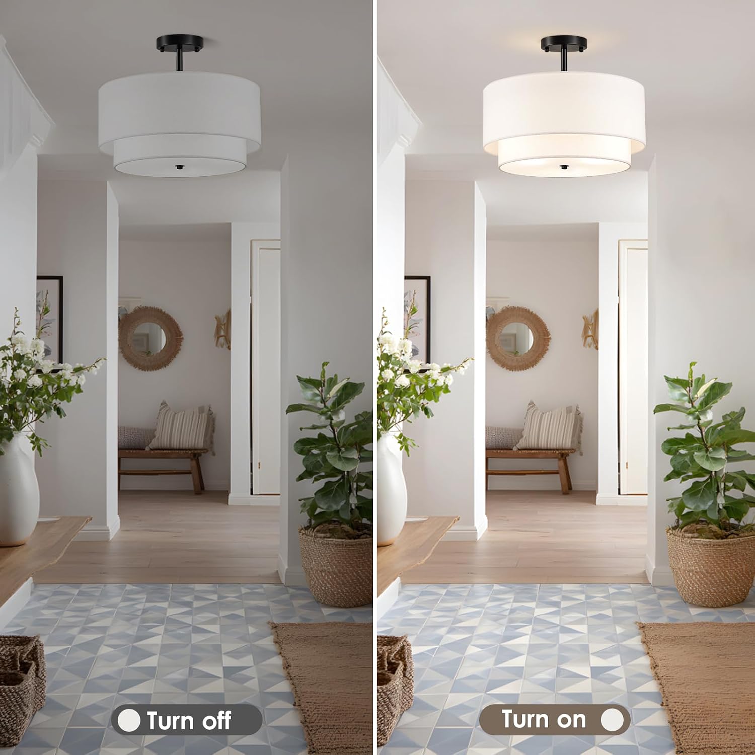 Detalle de Maichixin 18-Inch Semi-Flush Mount Ceiling Light, 4-Light, White Fabric Shade