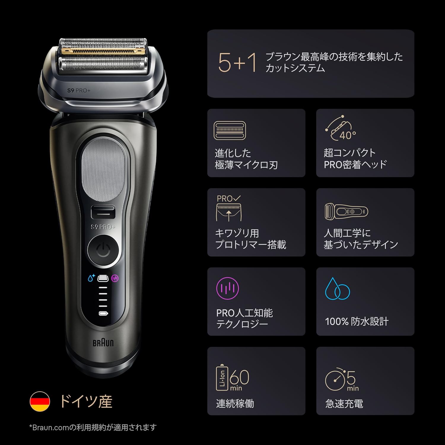 Detalle 1 de Braun シリーズ9 PRO+ 9615si 電気シェーバー、5+1カットシステム・防水設計