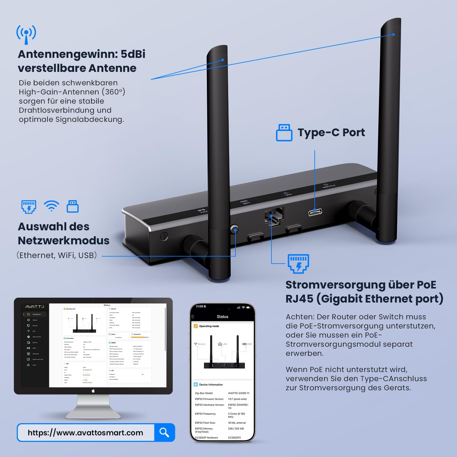 Detalle de AVATTO Zigbee 3.0 PoE Dongle Gateway für Home Assistant & Zigbee2MQTT – Wi‑Fi, USB, Ethernet, PoE oder USB‑C