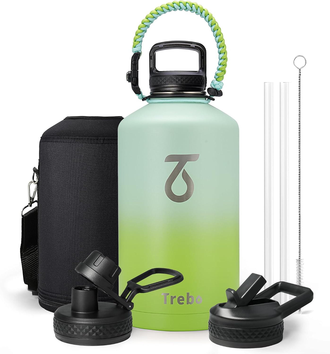 Detalle de Trebo One Gallon Insulated Water Bottle (3.8 L) with Paracord Handle, 3 Leakproof Lids & Straw/Spout/Wide-Mouth Options, Dark Green