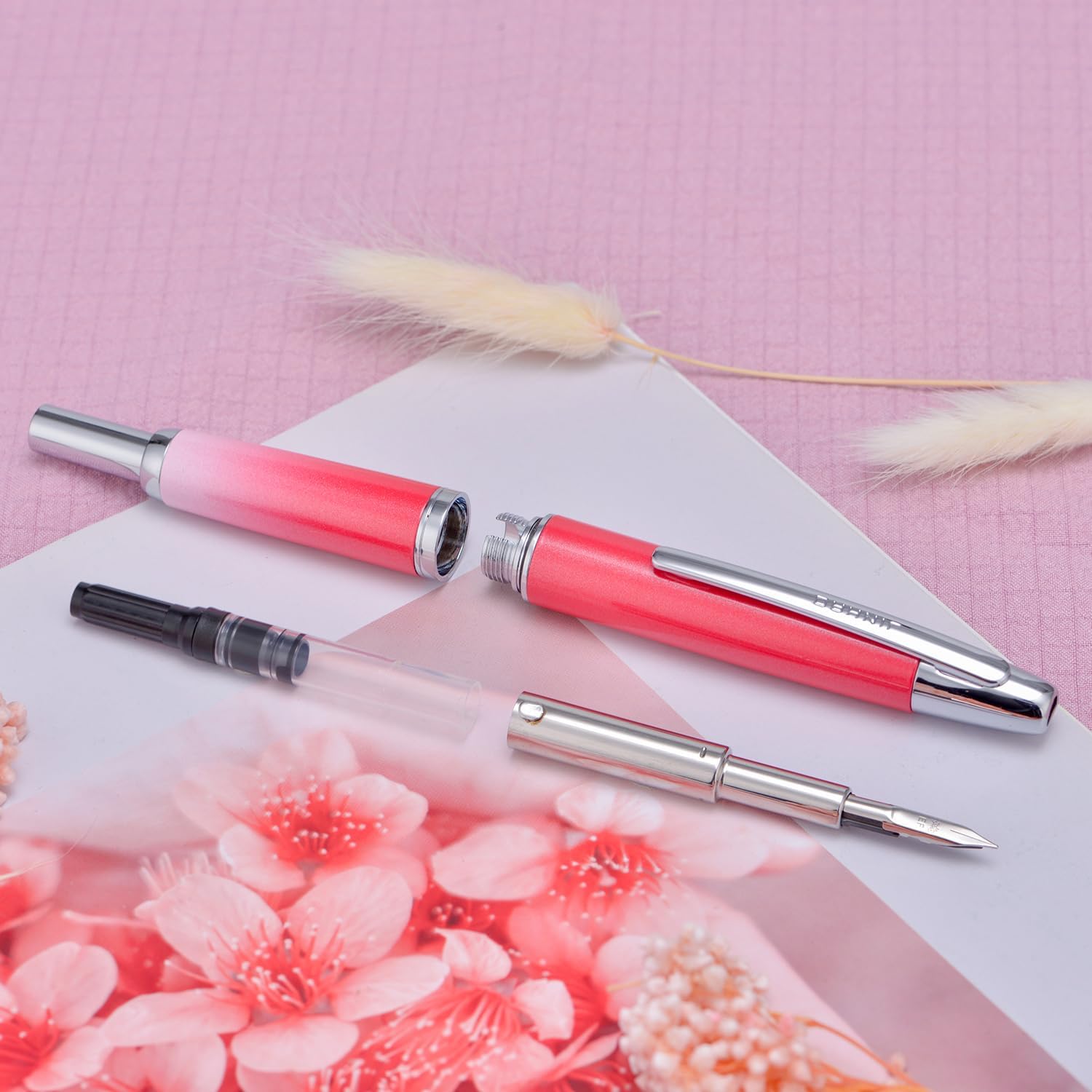 Thumbnail 4 de Jinhao 10 Series Press Fountain Pen – Gradient Red Retractable with Fine Nib, Ink Converter & Metal Box (Silver Clip)