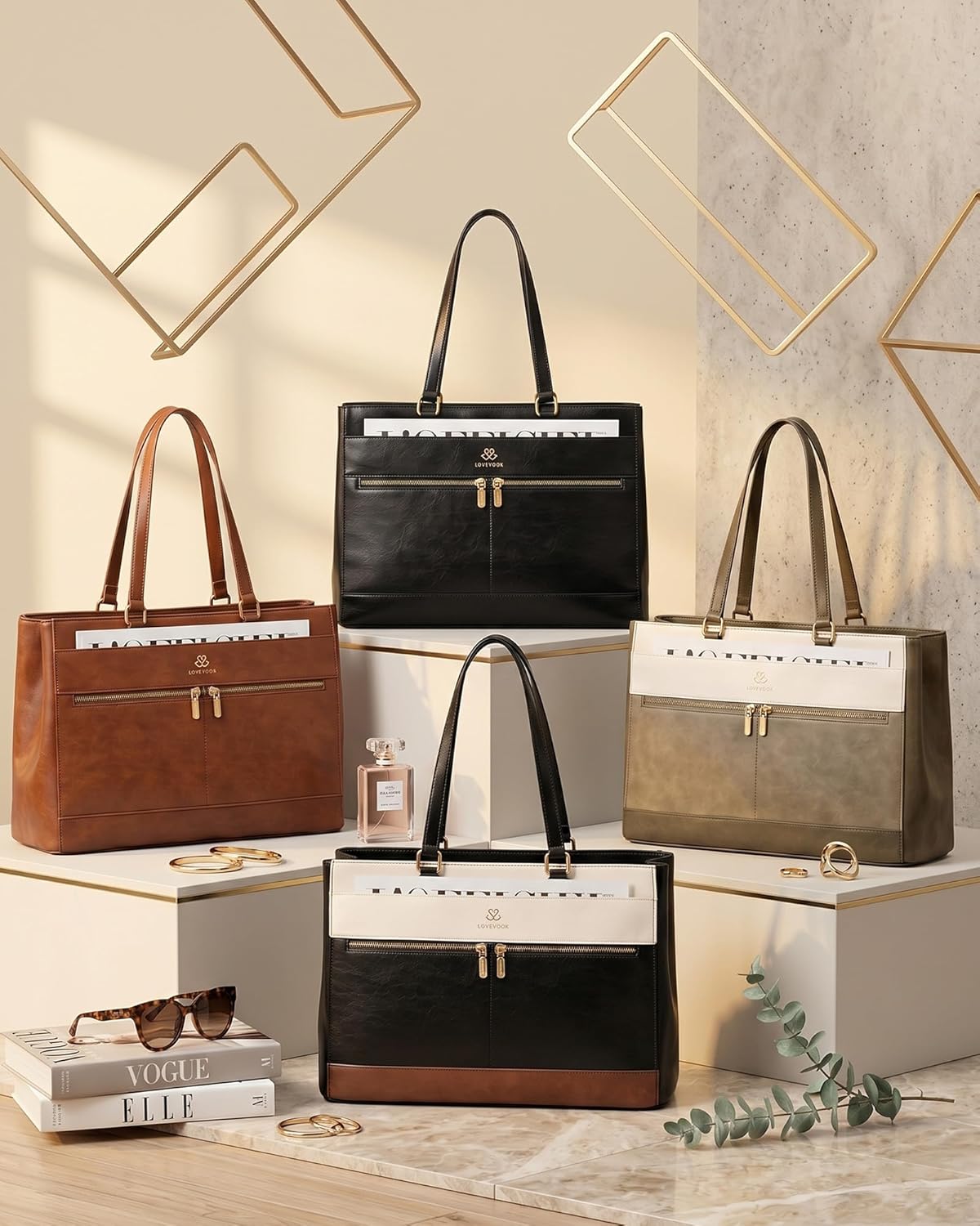 Detalle 2 de LOVEVOOK Handtasche Damen Groß – Laptoptasche für bis zu 15,6 Zoll, Retro-Tote in Braun