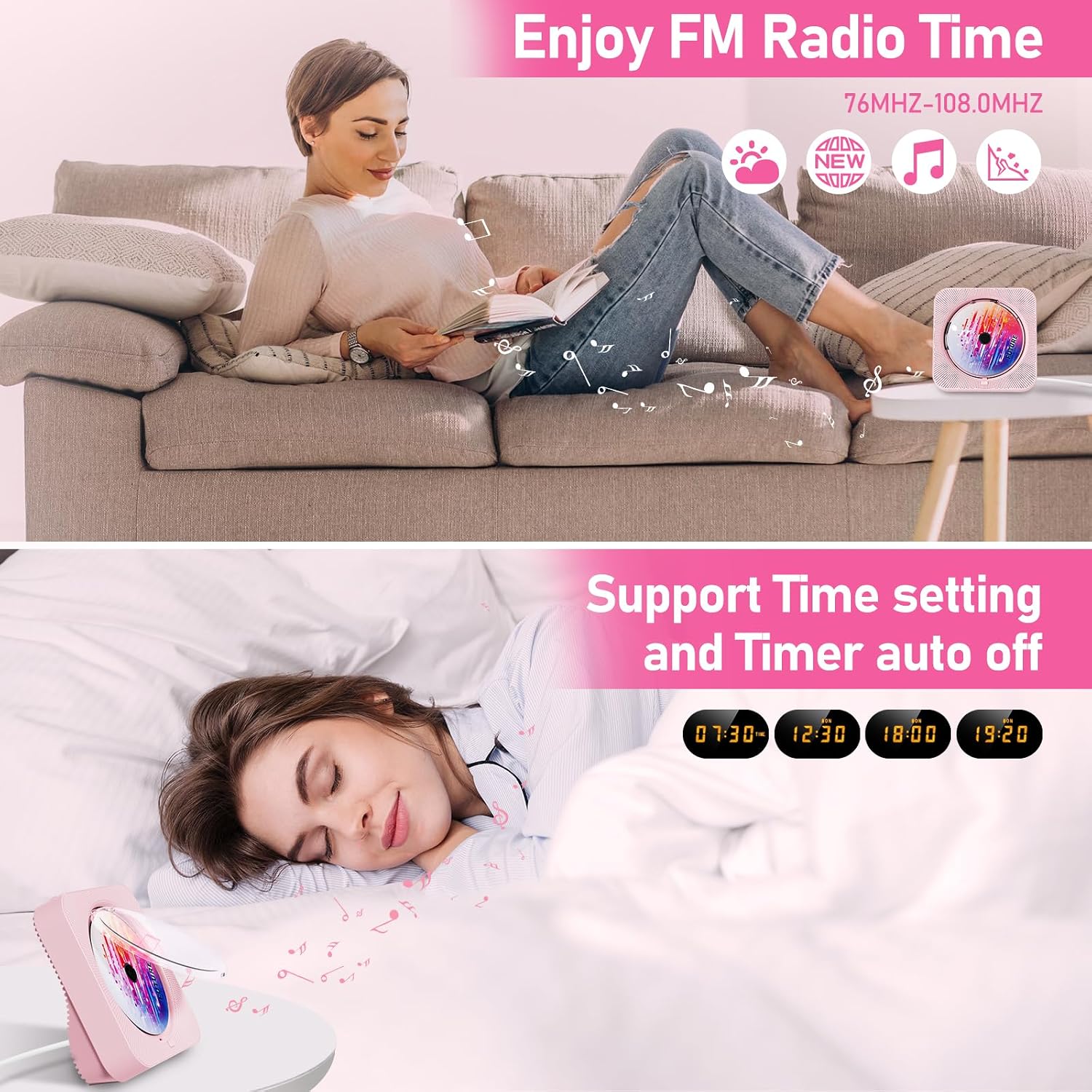 Thumbnail 4 de ZYOKATA KC718 Pink Portable CD Player with Bluetooth 5.1 and FM Radio