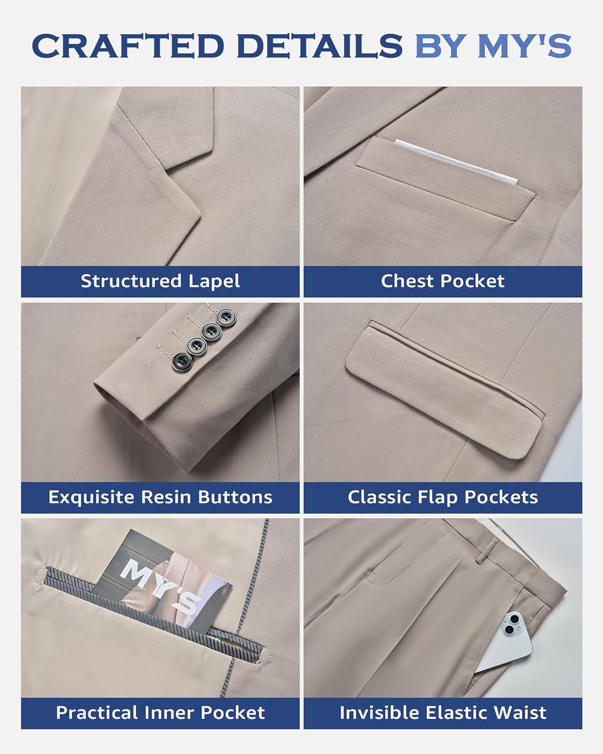 Thumbnail 2 de MY'S Men's 3 Piece Suit Set with Tie - Slim Fit One Button Jacket, Vest & Pants