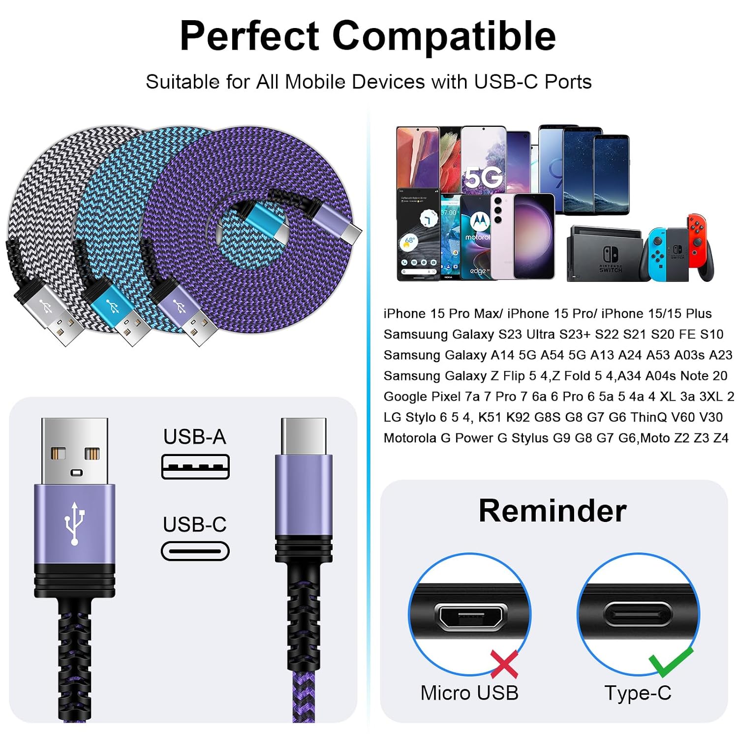 Thumbnail 4 de 10FT/3Pack USB C Cable: 3.1A Fast Charging & Sync for iPhone, Samsung, Pixel