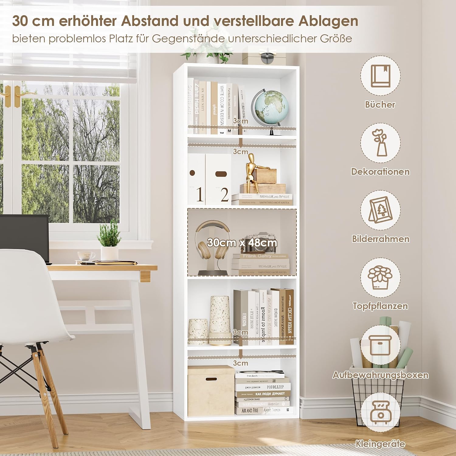 Detalle 2 de FirFurd P712 5-Tier Bookcase, White, with Adjustable Shelves