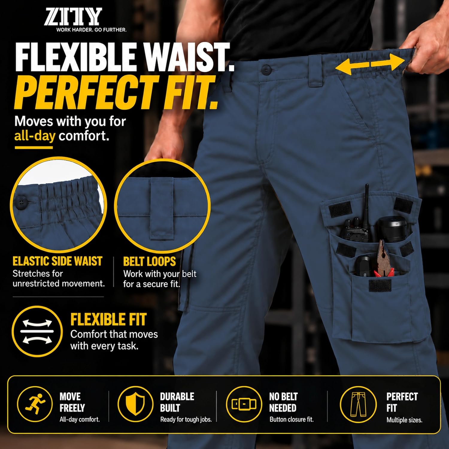 Detalle de ZITY Men's Work Pants, 10-Pocket Water-Resistant Ripstop Cargo Pants