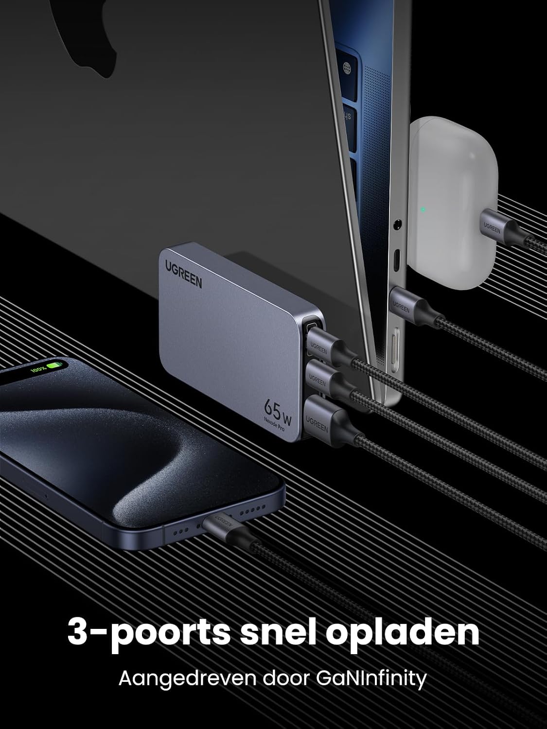 Detalle de UGREEN Nexode Pro 65W-reislader met 3 poorten en EU-, VS- en UK-stekker