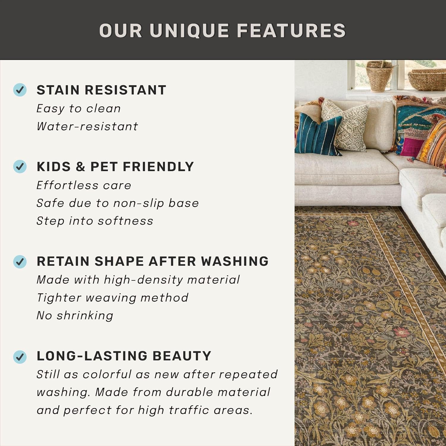 Thumbnail 6 de Brown Washable Entry Rug - Front Door Throw Rug (2x3) with Non-Slip Backing, Vintage Floral Boho Kitchen & Bathroom Mat