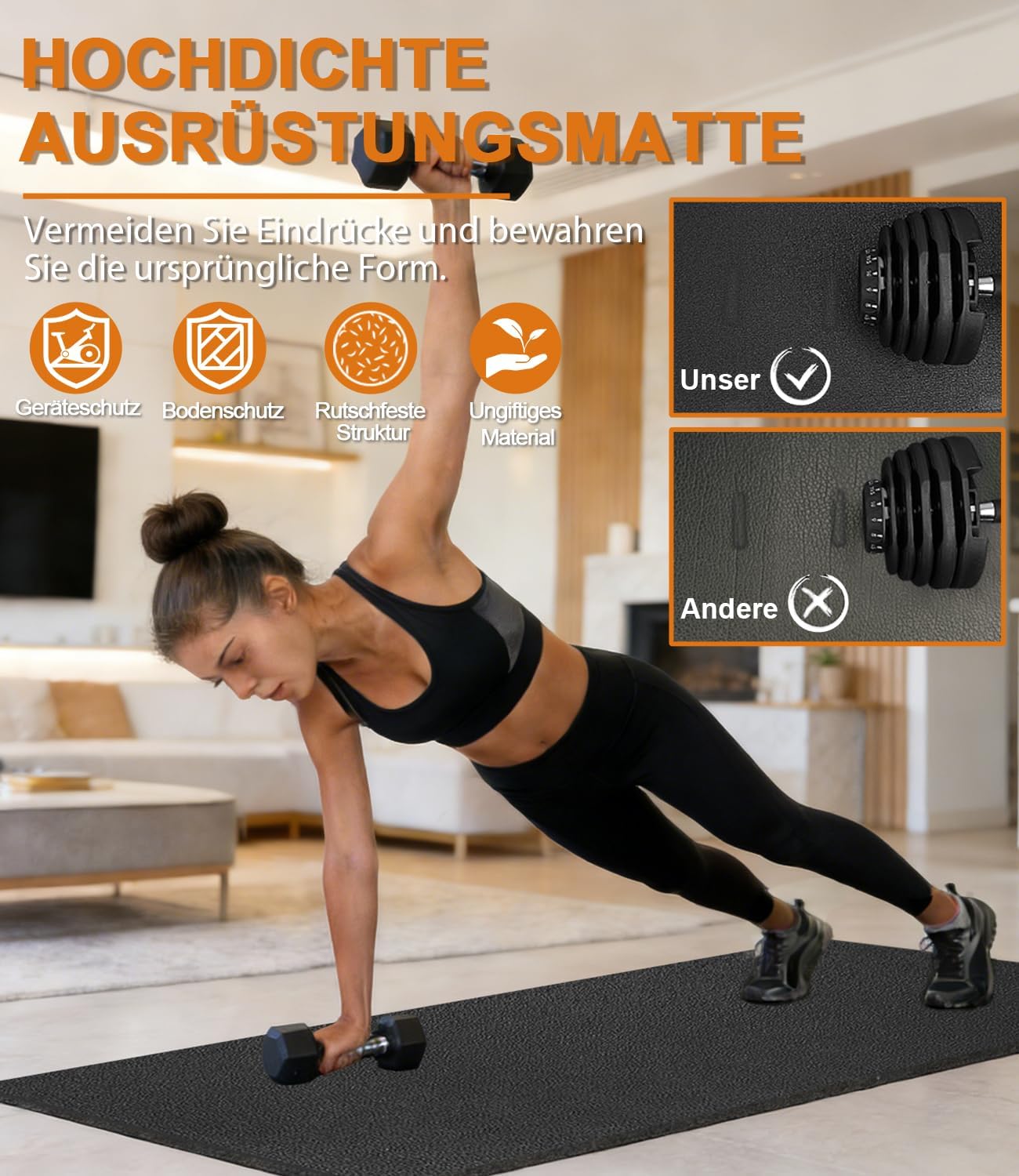 Detalle de MAXVINI Bodenschutzmatte Fitness 200 x 90 cm – 6 mm, rutschfest, stoßdämpfend und langlebig